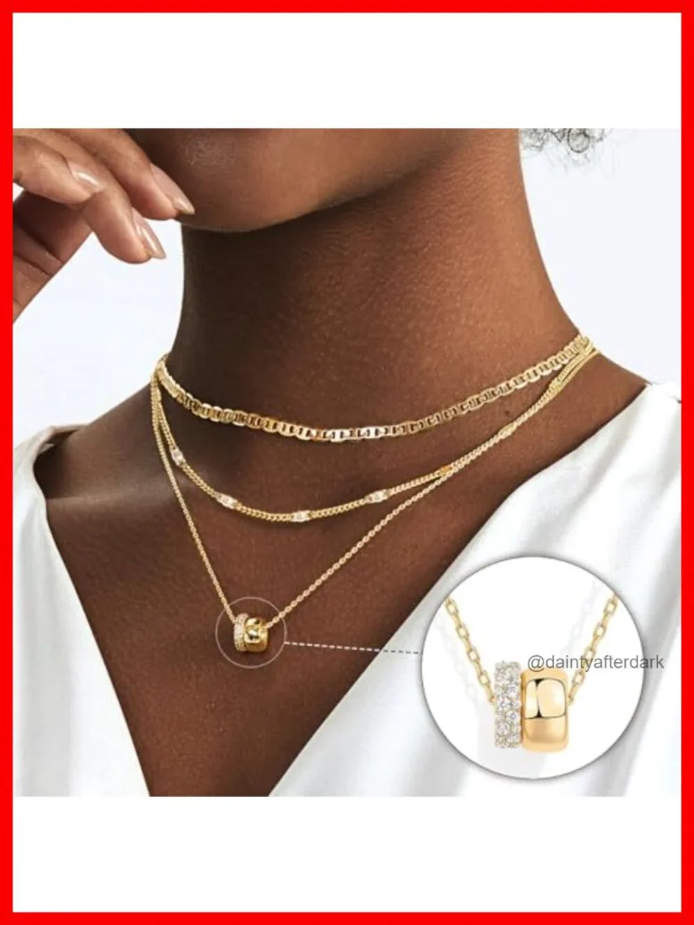 Layered CZ Rondelle Pendant Necklace Set 14K Gold Plated Mariner Chain Dainty